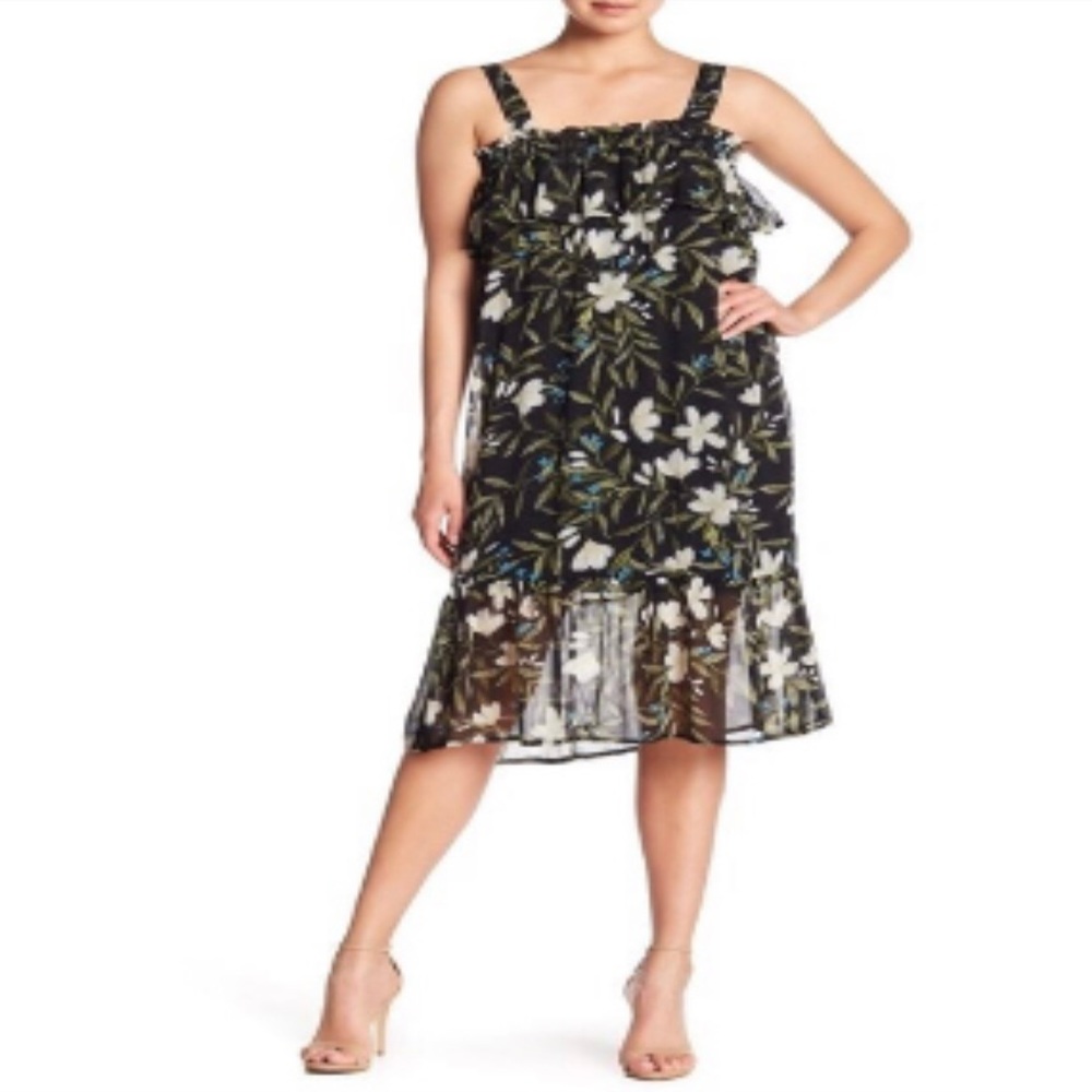 Bobeau 155664 Women's Floral Print Chiffon Midi Dress Black Tropical Sz. XL